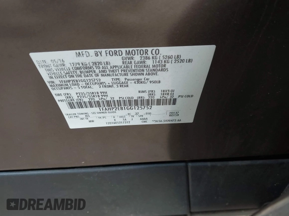 2016 Ford Taurus SEL с VIN 1FAHP2E81GG125752, выставлен на аукционе IAAI как лот 41655111 с пробегом 89 476 миль миль и . История ставок и продаж доступна на DreamBid. Изображение 9.