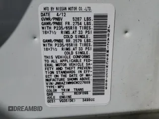 2012 Nissan Murano S with VIN JN8AZ1MW9CW227689, listed as a Copart auction lot 55667485 with 81,568 mi miles and Salvage Title. Bid and sale history available at DreamBid. Image 13.