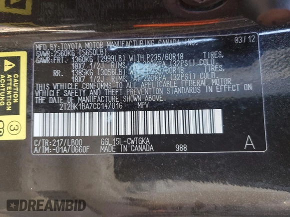 2012 Lexus RX 350 with VIN 2T2BK1BA7CC147016, listed as a Copart auction lot 85962474 with 148,335 mi miles and Clean Title. Bid and sale history available at DreamBid. Image 13.