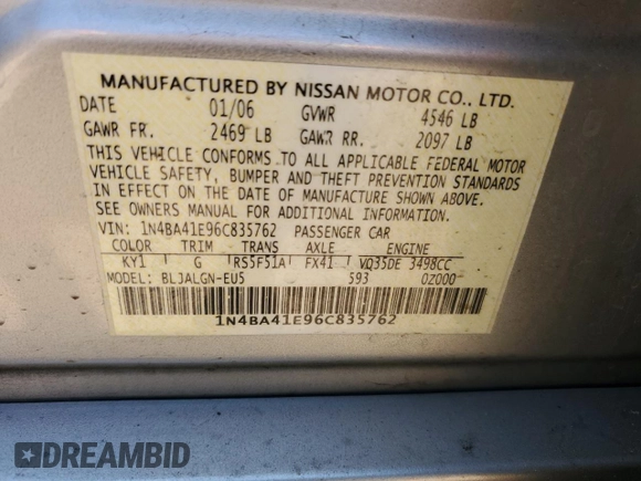 2006 Nissan Maxima SE with VIN 1N4BA41E96C835762, listed as a Copart auction lot 58251175 with 169,378 mi miles and Salvage title. Bid and sale history available at DreamBid. Image 12.