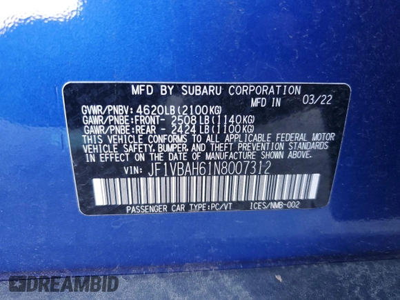 2022 Subaru WRX Premium with VIN JF1VBAH61N8007312, listed as a Copart auction lot 89149885 with 38,594 mi miles and Salvage Title. Bid and sale history available at carsss.com. Image 12.