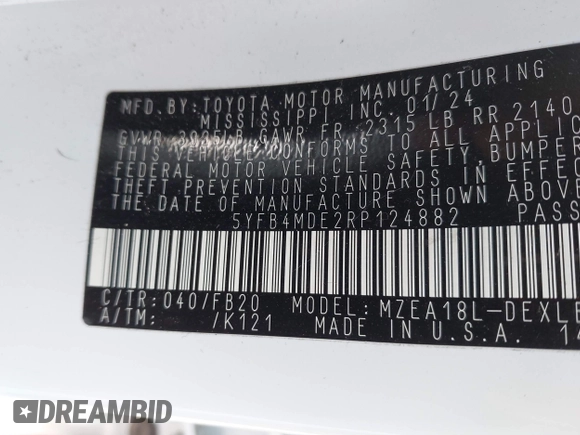 2024 Toyota Corolla LE with VIN 5YFB4MDE2RP124882, listed as a IAAI auction lot 41719381 with 18,698 mi miles and . Bid and sale history available at DreamBid. Image 9.