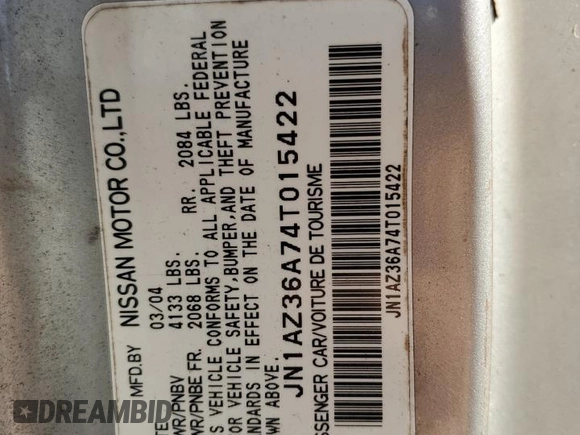 2004 Nissan 350Z Enthusiast z VIN JN1AZ36A74T015422, wystawiony jako Copart lot #77537194 z przebiegiem 147 466 mil mil oraz Nie do naprawy • Non repairable. Historia ofert i sprzedaży dostępna na DreamBid. Obrazek 13.