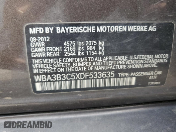 2013 BMW 3 Series 328i xDrive with VIN WBA3B3C5XDF533635, listed as a Copart auction lot 52746075 with 94,722 mi miles and Salvage Title. Bid and sale history available at carsss.com. Image 12.