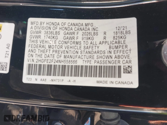 2022 Honda Civic Sedan LX with VIN 2HGFE2F24NH558566, listed as a IAAI auction lot 41672321 with 64,875 mi miles. Bid and sale history available at carsss.com. Image 9.