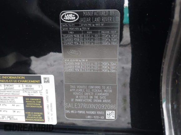 2022 Land Rover Defender X-Dynamic HSE z VIN SALE37RUXN2092086, wystawiony jako IAAI lot #41152865 z przebiegiem 17 756 mil mil oraz . Historia ofert i sprzedaży dostępna na DreamBid. Obrazek 9.