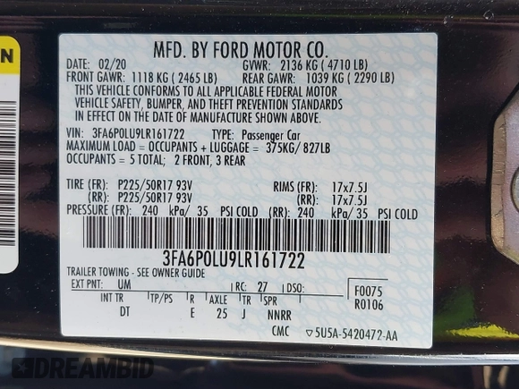 2020 Ford Fusion Hybrid SE with VIN 3FA6P0LU9LR161722, listed as a IAAI auction lot 42187436 with 49,376 mi miles. Bid and sale history available at carsss.com. Image 9.