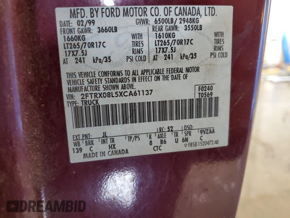 1999 Ford F-150 XL с VIN 2FTRX08L5XCA61137, выставлен на аукционе Copart как лот 51488275 с пробегом Не указан миль и Списание • Salvage title. История ставок и продаж доступна на DreamBid. Изображение 12.
