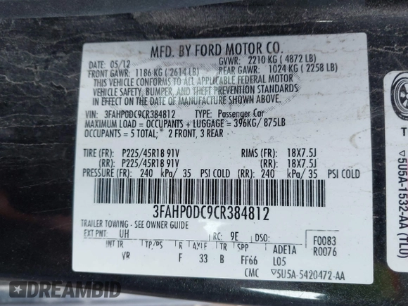 2012 Ford Fusion SPORT with VIN 3FAHP0DC9CR384812, listed as a IAAI auction lot 42117190 with 0 mi miles. Bid and sale history available at carsss.com. Image 9.