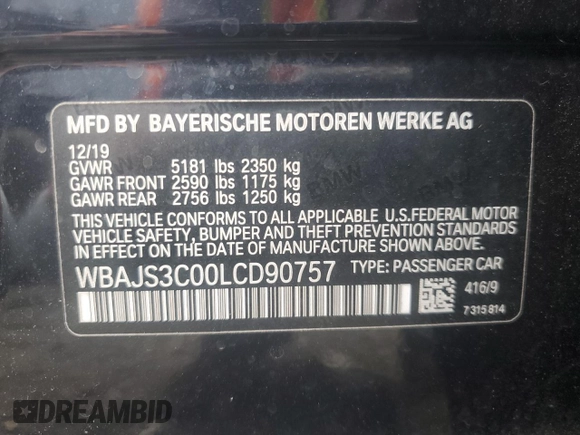 2020 BMW 5 Series 540i xDrive z VIN WBAJS3C00LCD90757, wystawiony jako Copart lot #77808054 z przebiegiem 67 606 mil mil oraz Szkoda całkowita • Salvage title. Historia ofert i sprzedaży dostępna na DreamBid. Obrazek 12.
