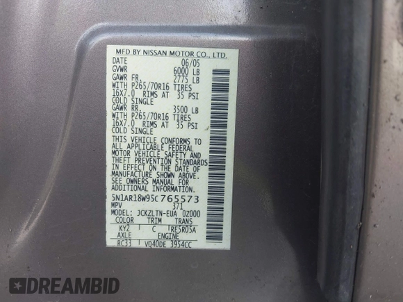 2005 Nissan Pathfinder SE z VIN 5N1AR18W95C765573, wystawiony jako IAAI lot #41732127 z przebiegiem 294 980 mil mil oraz . Historia ofert i sprzedaży dostępna na DreamBid. Obrazek 9.