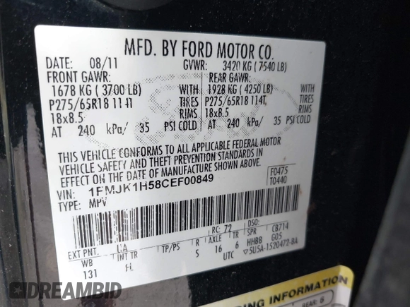 2012 Ford Expedition Max King Ranch с VIN 1FMJK1H58CEF00849, выставлен на аукционе IAAI как лот 42070888 с пробегом 223 858 миль миль и . История ставок и продаж доступна на DreamBid. Изображение 9.