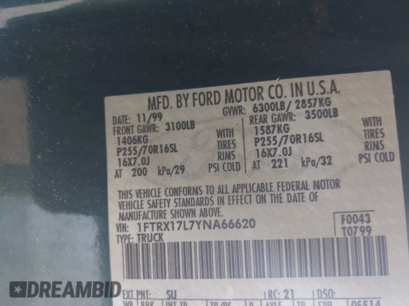 2000 Ford F-150 XL with VIN 1FTRX17L7YNA66620, listed as a IAAI auction lot 42622639 with Not provided miles and . Bid and sale history available at DreamBid. Image 9.