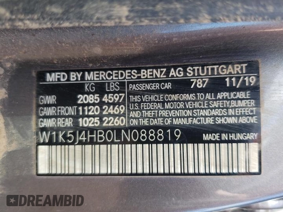 2020 Mercedes-Benz CLA with VIN W1K5J4HB0LN088819, listed as a Copart auction lot 58633461 with 58,595 mi miles. Bid and sale history available at carsss.com. Image 10.