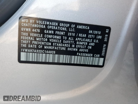 2013 Volkswagen Passat Wolfsburg Edition with VIN 1VWAH7A32DC144925, listed as a Copart auction lot 76357524 with 172,124 mi miles and Salvage title. Bid and sale history available at DreamBid. Image 15.