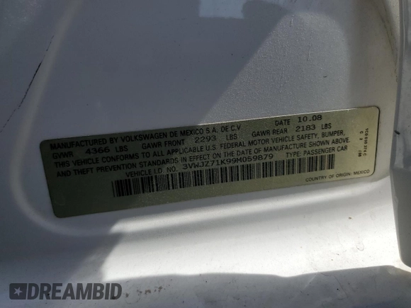 2009 Volkswagen Jetta S with VIN 3VWJZ71K99M059879, listed as a Copart auction lot 47478145 with 154,359 mi miles and Salvage title. Bid and sale history available at DreamBid. Image 14.