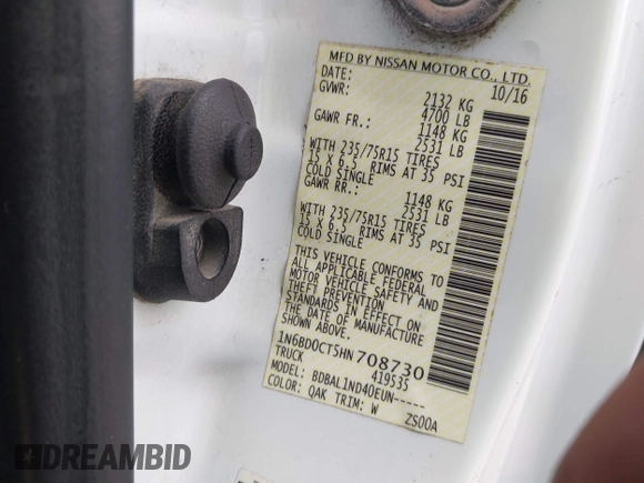 2017 Nissan Frontier S with VIN 1N6BD0CT5HN708730, listed as a IAAI auction lot 42354308 with 257,261 mi miles and . Bid and sale history available at DreamBid. Image 9.