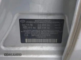 2007 Hyundai Sonata SE z VIN 5NPEU46F67H267976, wystawiony jako IAAI lot #42013063 z przebiegiem 211 890 mil mil oraz . Historia ofert i sprzedaży dostępna na DreamBid. Obrazek 9.