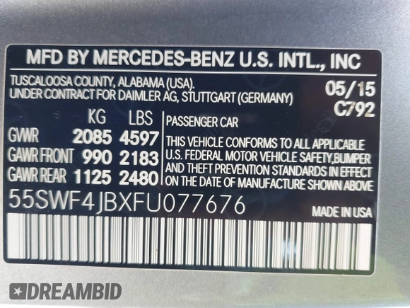 2015 Mercedes-Benz C 300 with VIN 55SWF4JBXFU077676, listed as a IAAI auction lot 41714534 with 104,177 mi miles and . Bid and sale history available at DreamBid. Image 9.