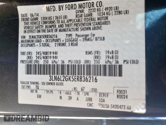 2014 Lincoln MKZ with VIN 3LN6L2GK5ER836216, listed as a Copart auction lot 59079595 with 104,011 mi miles and Salvage title. Bid and sale history available at DreamBid. Image 13.