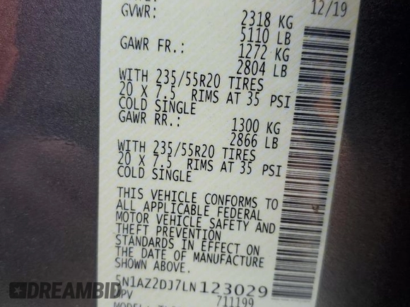2020 Nissan Murano Platinum z VIN 5N1AZ2DJ7LN123029, wystawiony jako Copart lot #46598485 z przebiegiem 76 811 mil mil oraz Szkoda całkowita • Salvage title. Historia ofert i sprzedaży dostępna na DreamBid. Obrazek 13.
