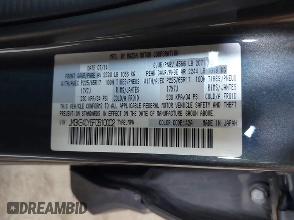 2015 Mazda CX-5 Touring with VIN JM3KE4CY6F0510002, listed as a IAAI auction lot 42045284 with 88,949 mi miles and . Bid and sale history available at DreamBid. Image 9.