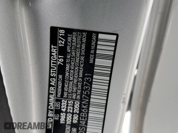 2019 Mercedes-Benz CLA 250 z VIN WDDSJ4EB6KN753731, wystawiony jako Copart lot #47677955 z przebiegiem 82 169 mil mil oraz Szkoda całkowita • Salvage title. Historia ofert i sprzedaży dostępna na DreamBid. Obrazek 12.