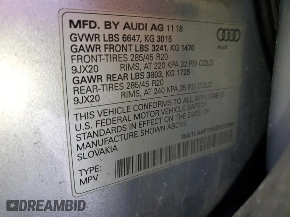 2019 Audi Q7 Premium Plus with VIN WA1LAAF7XKD022369, listed as a Copart auction lot 46038795 with 62,620 mi miles and Salvage title. Bid and sale history available at DreamBid. Image 13.
