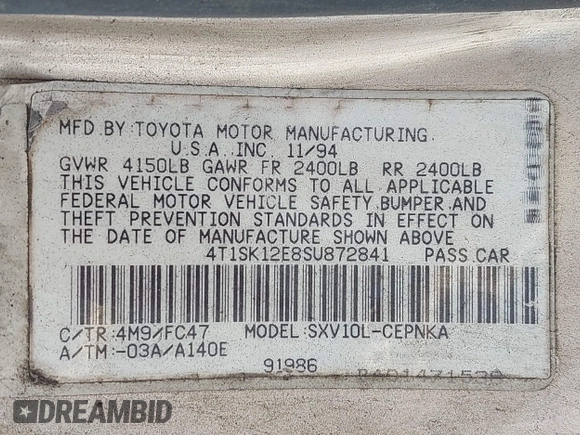 1995 Toyota Camry LE z VIN 4T1SK12E8SU872841, wystawiony jako IAAI lot #42025861 z przebiegiem 228 747 mil mil oraz . Historia ofert i sprzedaży dostępna na DreamBid. Obrazek 9.
