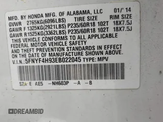 2014 Honda Pilot Touring z VIN 5FNYF4H93EB022045, wystawiony jako IAAI lot #42060815 z przebiegiem Nie podano mil oraz . Historia ofert i sprzedaży dostępna na DreamBid. Obrazek 9.