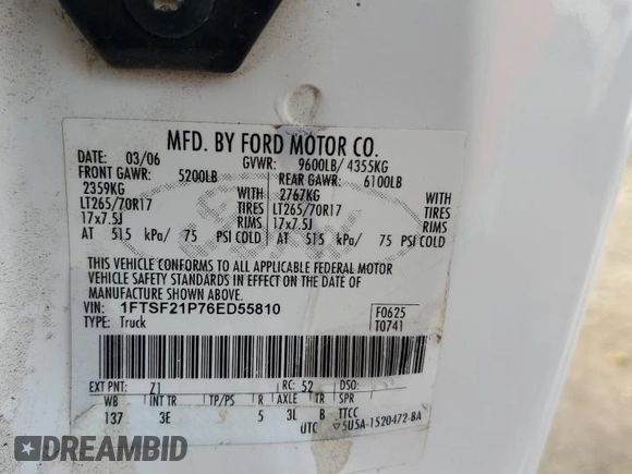 2006 Ford F-250 XL with VIN 1FTSF21P76ED55810, listed as a Copart auction lot 48760815 with Not provided miles and Salvage title. Bid and sale history available at DreamBid. Image 12.