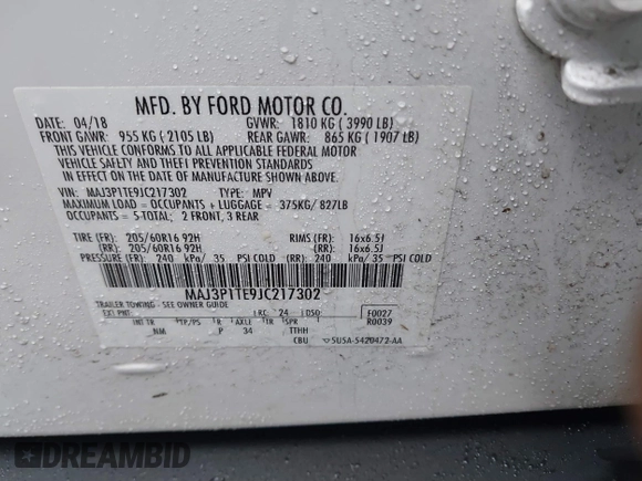 2018 Ford EcoSport SE with VIN MAJ3P1TE9JC217302, listed as a IAAI auction lot 41683163 with 75,591 mi miles and . Bid and sale history available at DreamBid. Image 9.