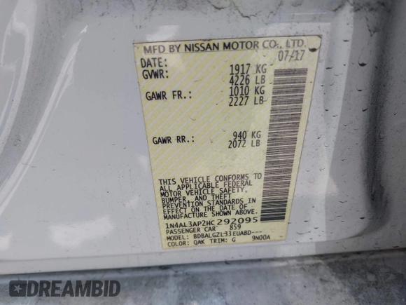 2017 Nissan Altima SV with VIN 1N4AL3AP2HC292095, listed as a IAAI auction lot 42145110 with 85,739 mi miles and . Bid and sale history available at carsss.com. Image 9.