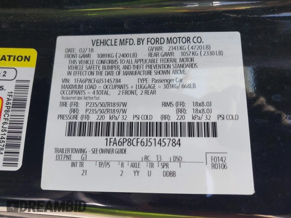 2018 Ford Mustang GT with VIN 1FA6P8CF6J5145784, listed as a IAAI auction lot 42396064 with 47,535 mi miles and . Bid and sale history available at DreamBid. Image 9.