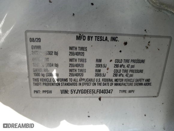 2020 Tesla Model Y Long Range with VIN 5YJYGDEE5LF040347, listed as a Copart auction lot 45598615 with 72,179 mi miles and Salvage Title. Bid and sale history available at carsss.com. Image 12.