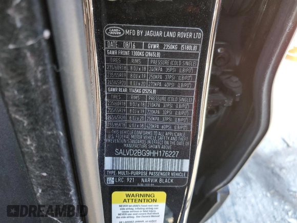 2017 Land Rover Range Rover Evoque HSE Dynamic with VIN SALVD2BG9HH176227, listed as a Copart auction lot 42091105 with 0 mi miles and Salvage Title. Bid and sale history available at carsss.com. Image 14.