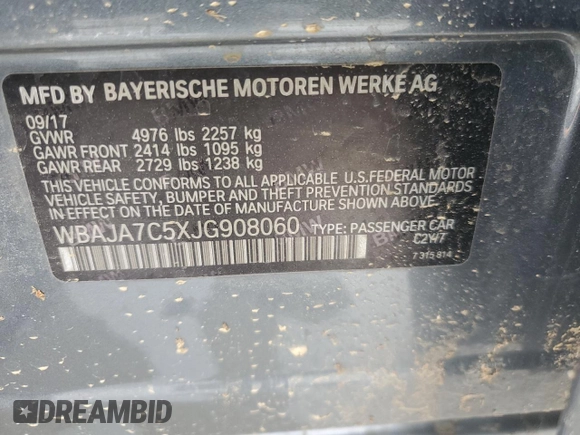 2018 BMW 5 Series 530i xDrive with VIN WBAJA7C5XJG908060, listed as a Copart auction lot 51573415 with 78,918 mi miles and Salvage title. Bid and sale history available at DreamBid. Image 13.
