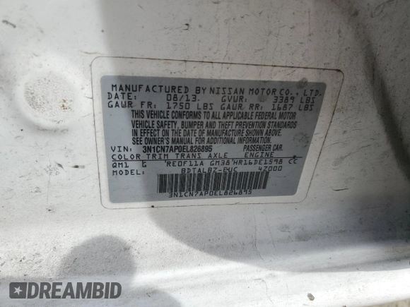 2014 Nissan Versa SV with VIN 3N1CN7AP0EL826895, listed as a Copart auction lot 45021425 with 107,729 mi miles and Salvage Title. Bid and sale history available at DreamBid. Image 14.