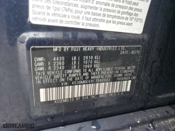 2012 Subaru Legacy 2.5i Limited with VIN 4S3BMBK69C3040803, listed as a Copart auction lot 43628115 with 132440 miles and Salvage Title. Bid and sale history available at carsss.com. Image 12.
