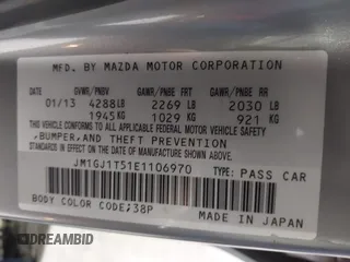 2014 Mazda 6 i Touring with VIN JM1GJ1T51E1106970, listed as a IAAI auction lot 42027350 with 113,756 mi miles and . Bid and sale history available at DreamBid. Image 9.