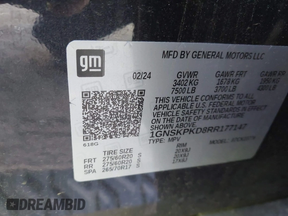 2024 Chevrolet Tahoe Z71 z VIN 1GNSKPKD8RR177147, wystawiony jako IAAI lot #42383508 z przebiegiem 28 772 mil mil oraz . Historia ofert i sprzedaży dostępna na DreamBid. Obrazek 9.