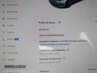 2023 Tesla Model 3 with VIN 5YJ3E1EA6PF655510, listed as a IAAI auction lot 41948480 with 27,179 mi miles and . Bid and sale history available at carsss.com. Image 7.