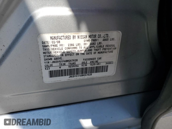 2008 Infiniti G35 x with VIN JNKBV61F48M267628, listed as a Copart auction lot 75341254 with Not Provided miles and Clean Title. Bid and sale history available at DreamBid. Image 12.