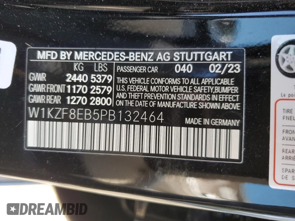 2023 Mercedes-Benz E 350 with VIN W1KZF8EB5PB132464, listed as a Copart auction lot 64983954 with 2,775 mi miles and Salvage Title. Bid and sale history available at DreamBid. Image 12.
