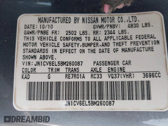 2011 Infiniti G37 x with VIN JN1CV6EL5BM260087, listed as a IAAI auction lot 41931303 with 178,937 mi miles and . Bid and sale history available at DreamBid. Image 9.