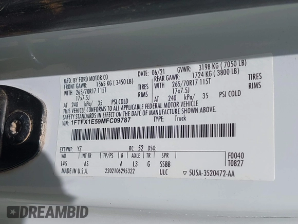2021 Ford F-150 XL with VIN 1FTFX1E59MFC09787, listed as a IAAI auction lot 42162828 with 96,215 mi miles and . Bid and sale history available at DreamBid. Image 9.