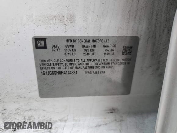 2017 Chevrolet Sonic LT with VIN 1G1JG6SH0H4144831, listed as a Copart auction lot 53252905 with 148,710 mi miles and Salvage title. Bid and sale history available at DreamBid. Image 12.