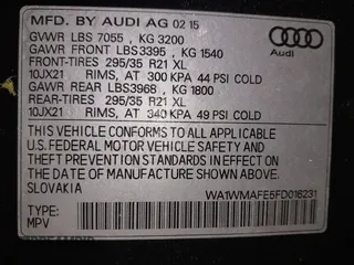 2015 Audi Q7 3.0L TDI Prestige with VIN WA1WMAFE5FD016231, listed as a IAAI auction lot 41221219 with 108,632 mi miles. Bid and sale history available at carsss.com. Image 9.