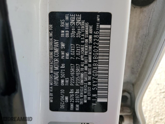 2011 Hyundai Santa Fe GLS with VIN 5XYZGDABXBG022286, listed as a Copart auction lot 45568705 with 237,242 mi miles and Salvage Title. Bid and sale history available at carsss.com. Image 13.