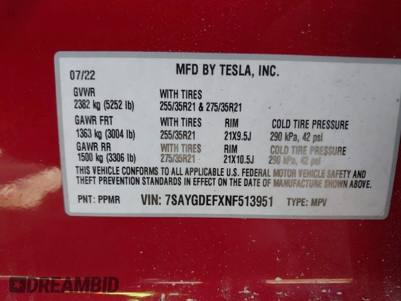 2022 Tesla Model Y Performance with VIN 7SAYGDEFXNF513951, listed as a IAAI auction lot 41986001 with 37,225 mi miles and . Bid and sale history available at DreamBid. Image 9.